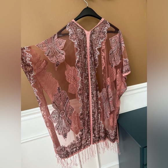 DAVID and YOUNG Womens Pink Embroidered Sheer Kimono Crystals Fringe OS Boho - Picture 6 of 7